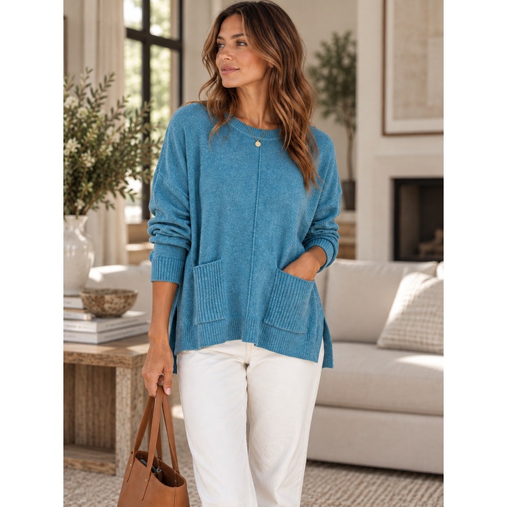 Tahari Pure Luxe 100% Cashmere Sweater Teal Turquoise Blue Crew Neck Pocket M